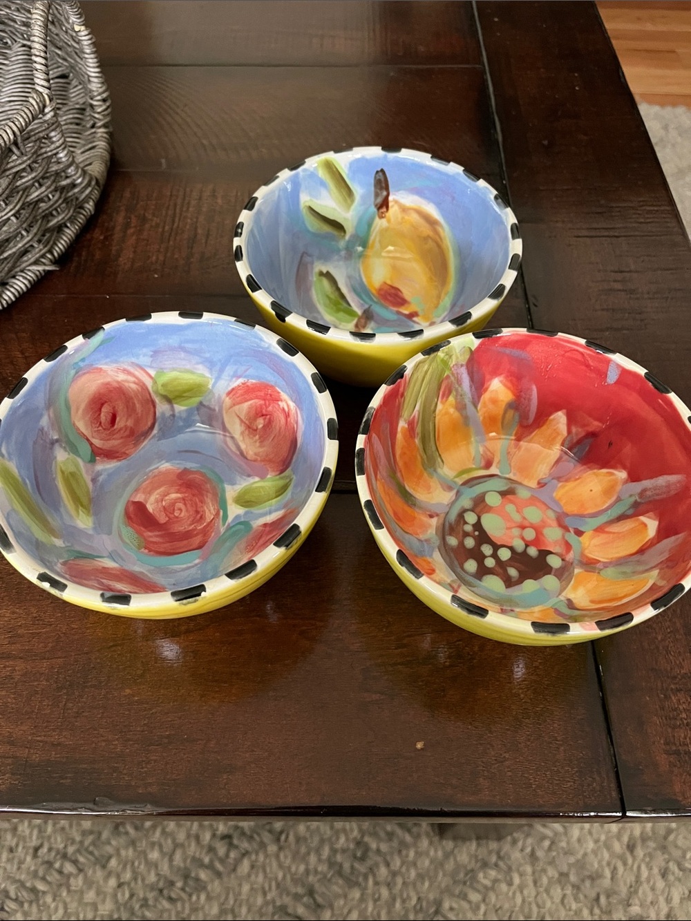 Victoria Heisler Hand-Painted Floral Ceramic Bowls - Set of 3